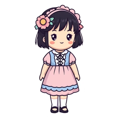 Adorable anime girl with black hair in a beautiful cottagecore dress with pastel colors and floral elements sticker
