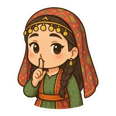 Kurdish man or woman in jamadani, cartoon style, making a 'shh' gesture with finger on lips, no text sticker
