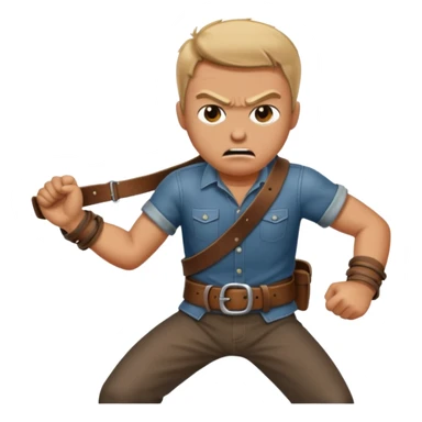 a angry man to the side slanging back and forth a belt sticker