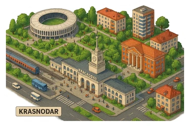 Изометричная миниатюрная фотореалистичная 3D модель панорамы Краснодара - вокзал Краснодар, КубГМУ, парк Краснодар со стадионом, краснодарские дома, автотранспорт четкие линии, яркие цвета, мультяшный реализм, люди, автотранспорт, компактная композиция, вид сверху в изометрии, прозрачный фон sticker