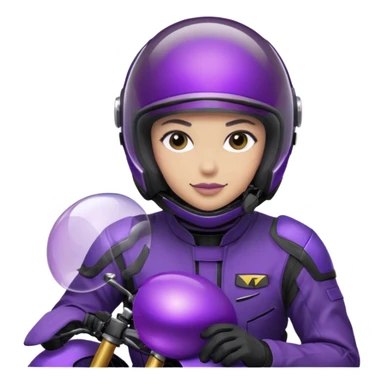 Créer un emoji avec une moto mt07 sport noir mate / violet iridescent très foncé. Avec une pilote dessus visière violet sombre faceless, bulle de la moto violet. Avec fond arrière violet, tenue complète casque inclus violet  sticker