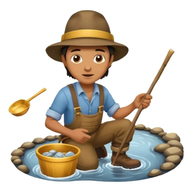 create a gold miner panning for gold near a stream sticker