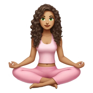 Dark brown long curly hair and green eyes yoga beautiful young woman in light pink pink pink clothes sitting on a yoga mat sticker