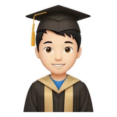 A young asian boy with black hair wide smile round eyes round nose medium thick lips in graduation gown with beige colour pants sticker