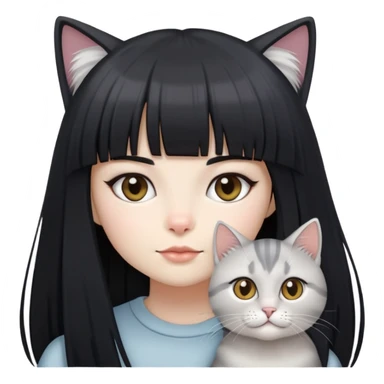 girl with long black  straight bangs hair and two light grey-shared cats sticker