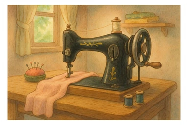 sewing machine, ghibli style, soft realistic details, gentle colors sticker