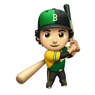 White boy with black hair swinging baseball bat with green and yellow uniform with an M in his hat sticker