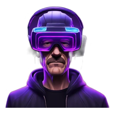 Walter White wearing a black hoodie with "OMG" letters on it and VR headset in a cyberpunk VR environment with violet neon lighting. sticker
