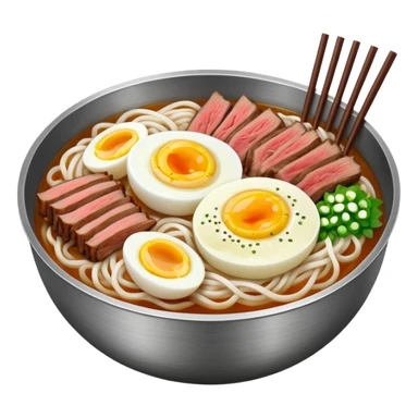 Korean cold noodles (naengmyeon) in a metal bowl, with thin noodles, cold broth, sliced beef, and a half boiled egg on top, iPhone emoji style sticker