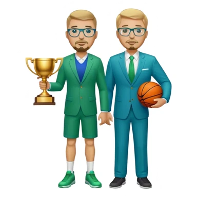 Full Body white plus size man  wearing glasses with a goatee with dirty blond short hair basketball head Coach in blue and green suit holding trophy sticker