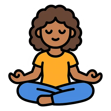 brunette girl with curly hair meditating, sitting cross-legged, colored icon sticker