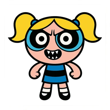 Bubbles, cartoon girl with pigtails and big eyes, inspired by Powerpuff Girls, scary creepy look, vibrant cartoon style sticker