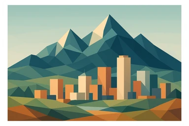 geometric low-poly design of a Colorado city and mountain landscape, modern and abstract sticker