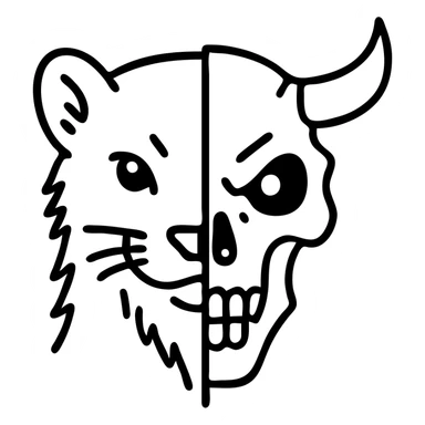 a red minimalist icon with sophisticated line art showing left half of stoat face with detailed fur merged with right half of minotaur skull with broken horn and glowing eye, no letter included, just the two halves meeting in the middle with precise detailed lines sticker