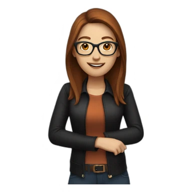 white woman with glasses with long straight brown hair waving wearing a dark orange shirt and black jacket sticker