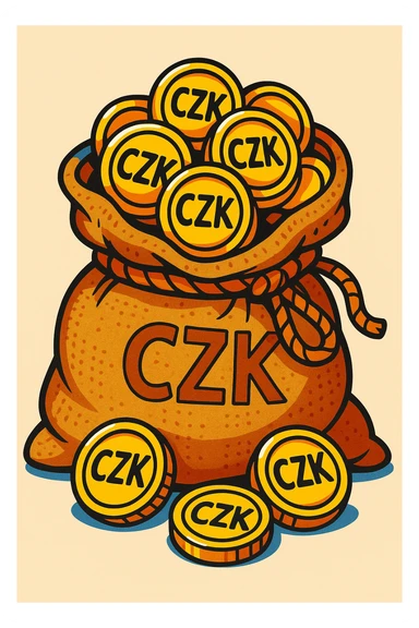 colorful cartoon style burlap sack overflowing with Czech koruna coins, CZK symbol visible sticker