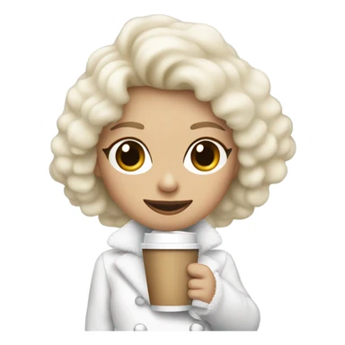 blonde girl wearing white fluffy jacket and a coffee to go in hand all dress white sticker