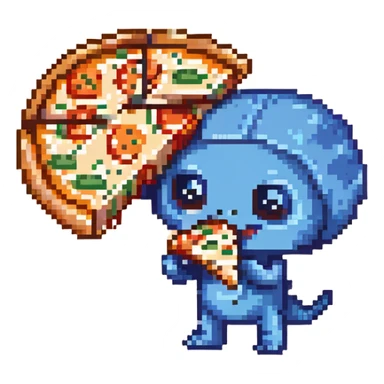 A cute blue alien happily munching on a slice of pizza sticker