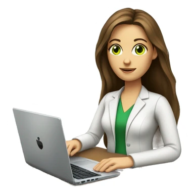 Female coding teacher featuring a laptop. She has long brunette hair, green eyes, white skin. sticker