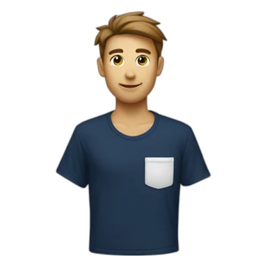 white tshirt with navy letter r on breast pocket sticker