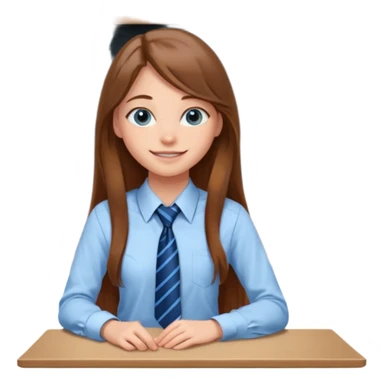 high school class room with a pretty female high school student with long brown hair, blue eyes, wearing a tie, sitting in front of the blackboard sticker
