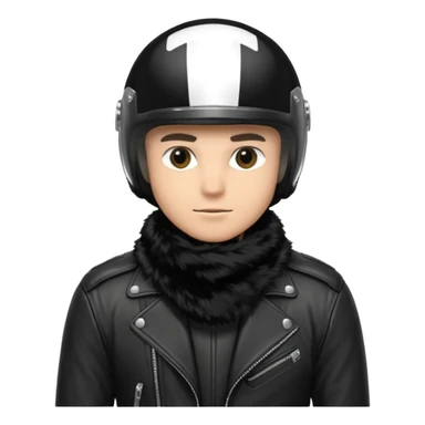 un homme avec un casque de moto totalement noir avec une écharpe en fourrure noir une chemise blanche et une jacket noir sticker
