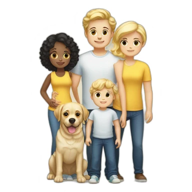 A familia husband and wife a boy of 7 with blond hair another boy of 5 with black hair a baby girl 14 month with blond curly hair, a yellow Labrador and a white pugg sticker