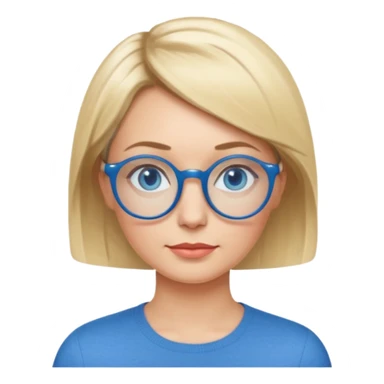 femme 40 ans cheveux courts garçon blond avec raie sur le coté, yeux bleu et lunettes rondes bleues sticker