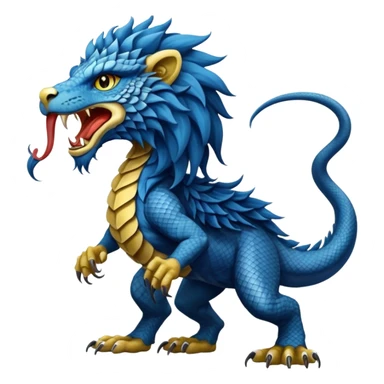 Mušḫuššu, ancient Mesopotamian hybrid, blue scaled body, lion mane, lion forelegs, eagle hind legs, long neck, head half dragon half lion, lizard tail, snake tongue, no wings, divine and terrifying sticker