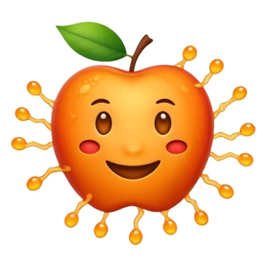Apple-style emoji. Cute, smiling, glowing orange stem cell with small protrusions. White background. sticker