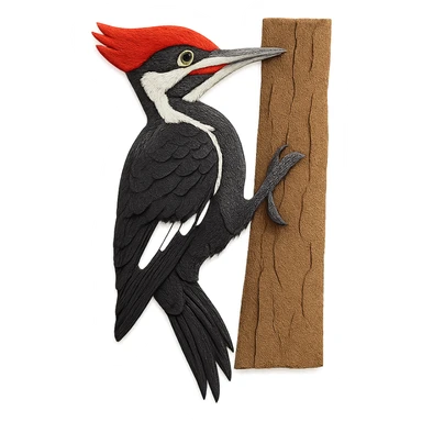very detailed Pileated Woodpecker perched on a tree trunk, intricate cut paper textures, bold black and white feathers, bright red crest, realistic markings sticker