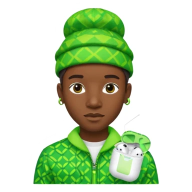 Create me an detailed emoji of a cool Young Nigerian prince wearing a neon green gradient African patterns with  a hat (a Nigerian-inspired patterned hat) and apple airpods sticker