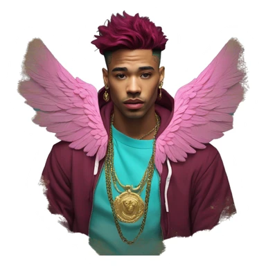 Vintage patina intricate swirls gold jewellery baroque raven wings angel tropical Deep pink maroon burgundy cyan dark hoodie man vitiligo dyed hair gold piercings nose piercing ear piercings sticker