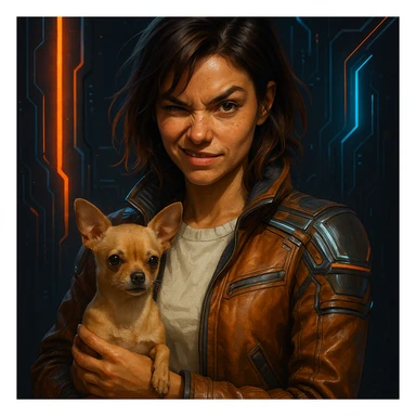 Portrait of a woman with tanned skin and subtle freckles, wearing a cream shirt and cognac jacket, medium-length brown hair with auburn highlights, rebellious and playful expression, futuristic style, holding a beige-brown chihuahua, dark background with neon lights, high-tech elements, metallic colors. sticker