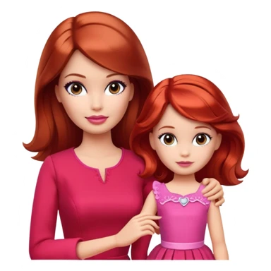 A barbie girl with makeup with brown hair with a baby, a daughter, a girl with red hair, holding her hand in red clothes sticker