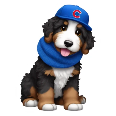 Bernedoodle with chicago cubs hat and scarf sticker