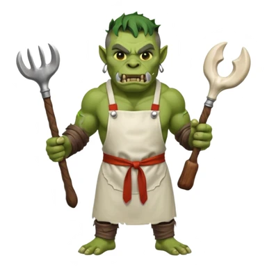 orc make Apron with "Kiss the Cook" (scratched out, replaced with "Fear the Cook"), giant rib bone as a weapon. sticker