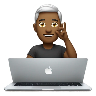 Developer looking at the camera and waving while sitting in front of the apple laptop. sticker