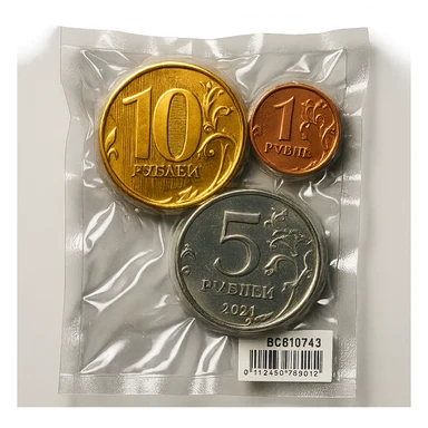 Russian coins, shiny and inflated, vacuum-sealed style sticker