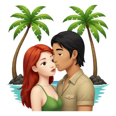 long black haired asian guy kisses redhead girl on island sticker