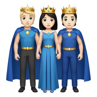 Prince with crown, blue cape and trousers, body and legs, black hair, blue eyes, woman blonde hair, green eyes, sexy white short sleveless dress,  sticker