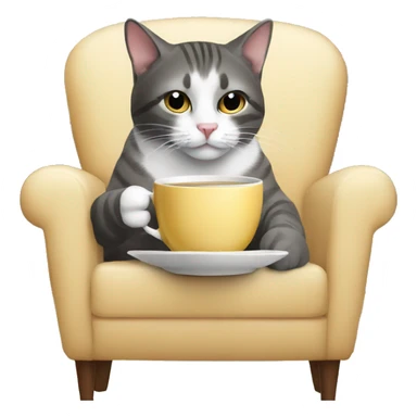 cat drinking tea looking at camera sitting in a chair sticker