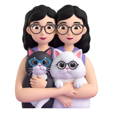 Skinny woman with oval glasses, shoulder length straight black hair, wearing white sleeveless top, hugging a Persian-Angora cat that's gray and white like Oreo cookies, plain background sticker