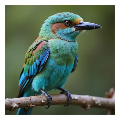 European Roller bird perched on a branch, vibrant blue and green feathers, realistic style sticker