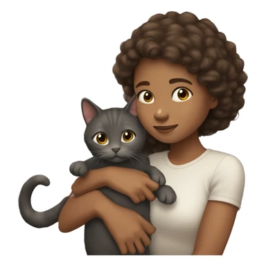 a brown haire girl with light skin hugging her dark grey cat sticker