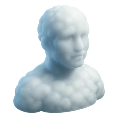 person looking straight, fully made of white fluffy convex clouds, shoulders visible, matte glass style sticker