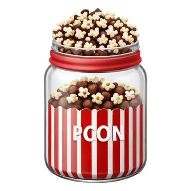 Chocolate popcorn in a jar with red and white vertical lines sticker