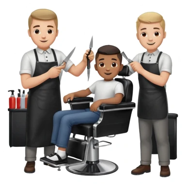 Barber cutting boys hair. Show the boy sat in black barber chair and both having smiles on their faces sticker