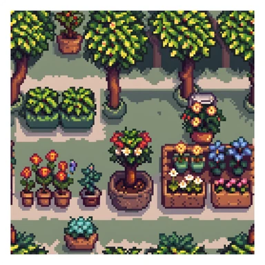 garden scene with flowers, trees, and plants sticker