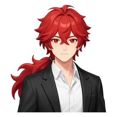 Handsome gorgeous anime man with bright-red hair, thick long messy wavy ponytail, red eyes, white shirt, black jacket, stone face, Diluc from Genshin Impact sticker